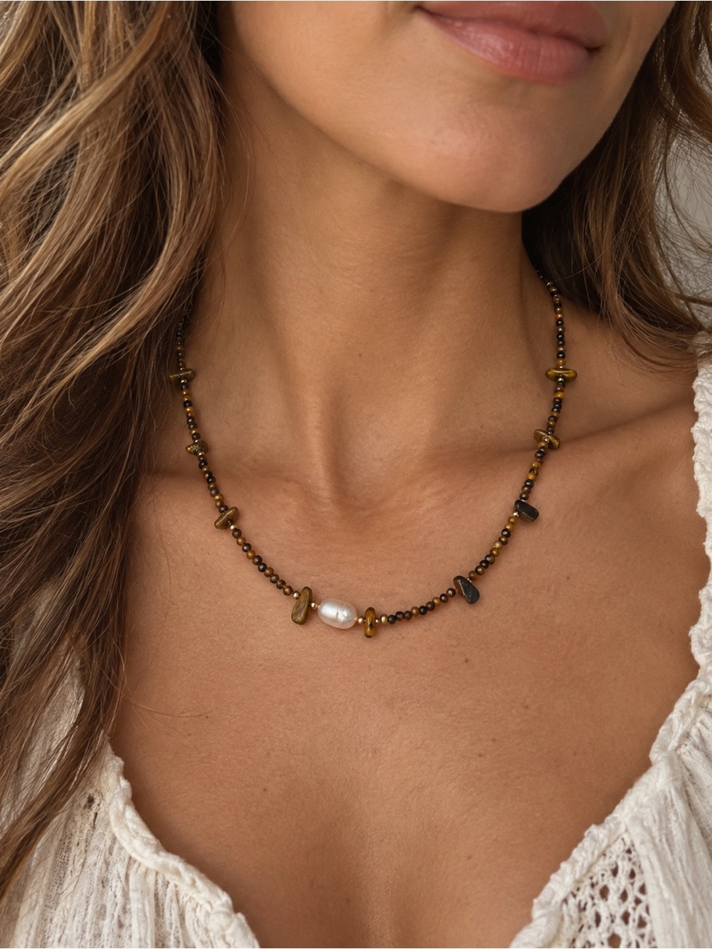 New genuine Tiger Eye Beaded Choker Necklace with fresh water Pearl Accent